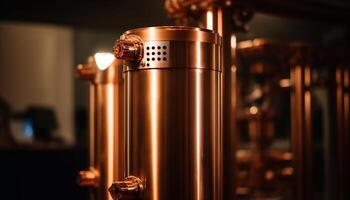 Shiny metallic brewery machinery produces frothy beer in stainless steel generated by AI photo