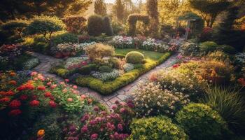 Fresh green meadow blossoms with purple tulips in formal garden generated by AI photo