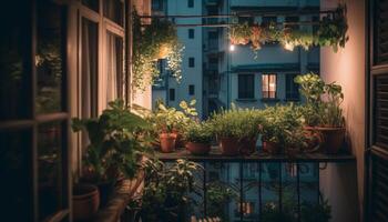 Summer balcony decor green leaves, flowers, and multi colored lanterns illuminate cityscape generated by AI photo