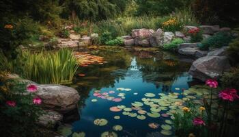 Tranquil scene of multi colored flowers reflect in peaceful pond water generated by AI photo