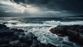 Dramatic sky breaks over wet coastline, danger in nature beauty generated by AI photo