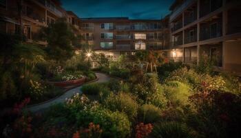 Modern building exterior illuminated by street lights at dusk generated by AI photo