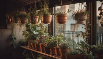 Fresh blossoms adorn the green shelf in the flower shop generated by AI photo