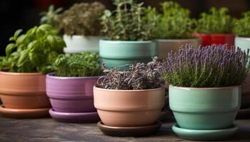 Fresh herb collection in pottery vase, green growth and multi colored blossoms generated by AI photo