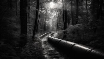 Spooky forest trail leads to vanishing point in monochrome mystery generated by AI photo