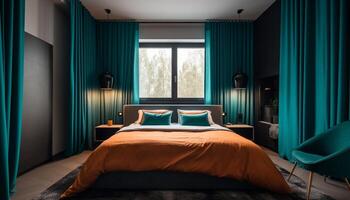lujo hotel habitación con moderno diseño, cómodo lecho, y elegante decoración generado por ai foto