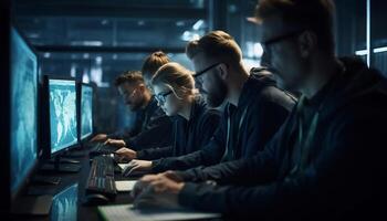 joven adultos adentro en oficina, hombres trabajo en equipo en computadora monitor mesa generado por ai foto