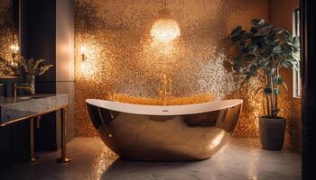 Modern elegance in domestic bathroom marble flooring, illuminated shower, luxury design generated by AI photo