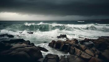 Dramatic sunset over blue seascape, crashing waves on rocky coastline generated by AI photo