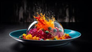 Vibrant colored gourmet dessert bowl with fresh fruit and candy generated by AI photo