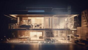 Modern city apartment with digitally generated blueprints and empty interiors generated by AI photo