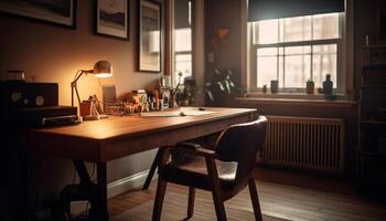 Modern apartment with old fashioned decor, illuminated by back lit technology generated by AI photo