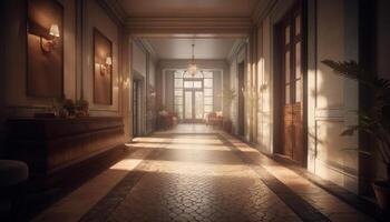 Elegant old fashioned apartment illuminated by natural sunlight and electric lamps generated by AI photo