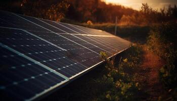 Sunset over solar power station generates clean renewable energy outdoors generated by AI photo