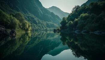 tranquilo montaña paisaje refleja natural belleza de verde verano prado generado por ai foto