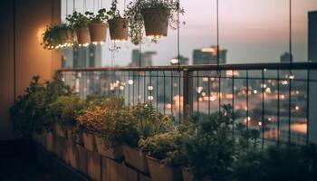 Summer sunset illuminates modern architecture with multi colored lighting equipment outdoors generated by AI photo