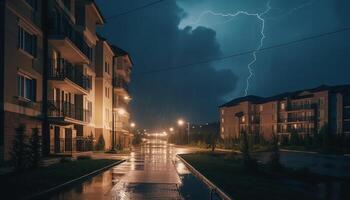 electricidad ilumina moderno ciudad horizonte en lluvioso tormenta noche generado por ai foto