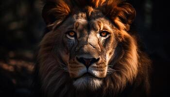 majestuoso león curioso a cámara, vigilancia en fauna silvestre reserva generado por ai foto