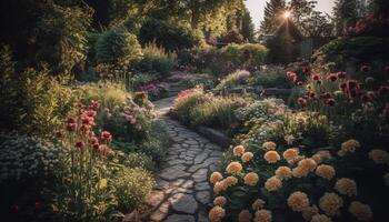 Sunset meadow showcases multi colored tulips in tranquil rural scene generated by AI photo