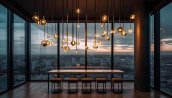 Modern loft apartment with bright cityscape view through glass window generated by AI photo