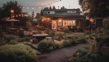 Modern architecture illuminates comfortable porch for summer relaxation in luxury generated by AI photo