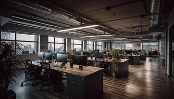 moderno oficina diseño con ventana vista, de madera piso, y creativo espacio generado por ai foto