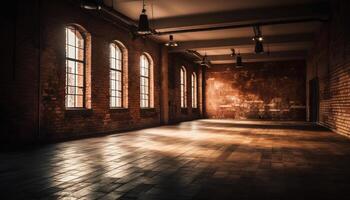 Spooky, illuminated entrance hall with rusty ceiling and messy flooring generated by AI photo