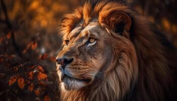 Majestic male lion, pride of the savannah, looking away confidently generated by AI photo