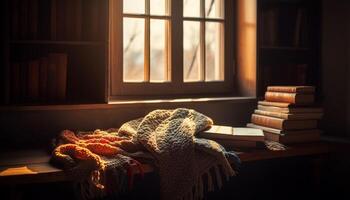 Cozy autumn bedroom with old fashioned bookshelf and rustic wood decor generated by AI photo