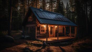 rústico Iniciar sesión cabina iluminado por puesta de sol en tranquilo bosque paisaje generado por ai foto