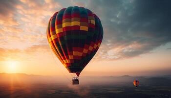 Multi colored hot air balloon gliding mid air over mountain landscape generated by AI photo