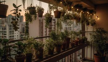 moderno balcón decoración con iluminado en conserva plantas y linterna Encendiendo generado por ai foto