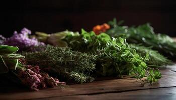 Fresco orgánico ensalada con sano ingredientes en rústico de madera mesa generado por ai foto