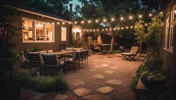 Rustic porch party illuminated by electric lamps and Christmas lights generated by AI photo
