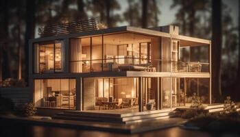 Modern luxury home interior with rustic timber flooring and illuminated window generated by AI photo