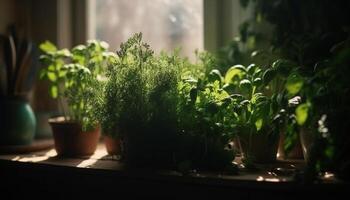 Greenhouse table displays houseplants, tree decorations, and potted plants indoors generated by AI photo