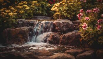 Tranquil autumn sunset over flowing mountain stream, nature beauty generated by AI photo