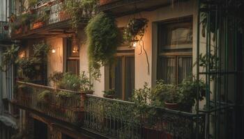 Old rustic building exterior illuminated by lanterns at dusk generated by AI photo