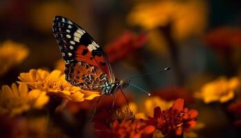 Vibrant butterfly pollinates yellow flower, showcasing natural beauty outdoors generated by AI photo