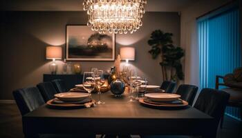 lujo comida habitación con elegante candelabro, moderno muebles, y iluminado mesa generado por ai foto