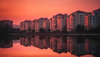 Modern apartment building with panoramic waterfront view at twilight generated by AI photo