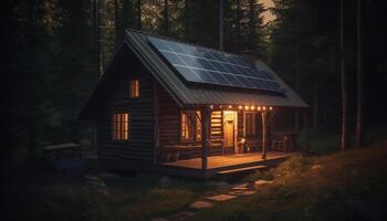 Rustic log cabin illuminated by sunlight with solar panel technology generated by AI photo