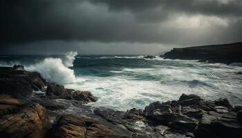 Rough seas crash against rocky cliff, awe inspiring beauty in nature generated by AI photo