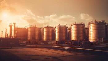 Industrial sunset refinery, pipeline, storage tank, heavy equipment, pollution generated by AI photo