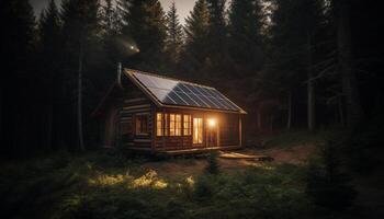Rustic log cabin nestled in tranquil forest, illuminated by sunset generated by AI photo