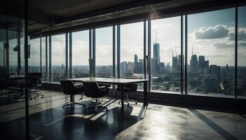 Modern office chair in urban skyline, looking through glass window generated by AI photo