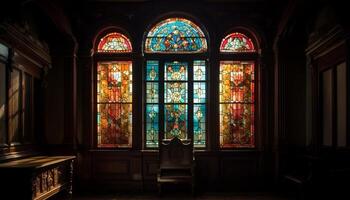 Medieval chapel with stained glass, gothic arches, and ornate altar generated by AI photo