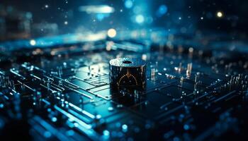 Futuristic computer equipment illuminated with blue glowing power supply generated by AI photo