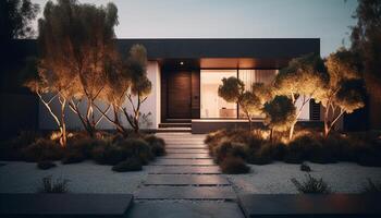 Modern building exterior illuminated by sunset, surrounded by nature and trees generated by AI photo