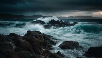 Breaking waves crash against rocky coastline under dramatic sky generated by AI photo